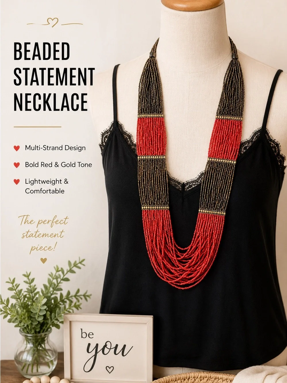 ♥️Red Gold Multi Strand Beaded Statement Necklace Boho Layered Jewelry